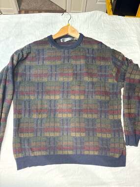 Vtg Oscar de la Renta 90s Multi-Color Textured Plaid Knit Crewneck Sweater Large